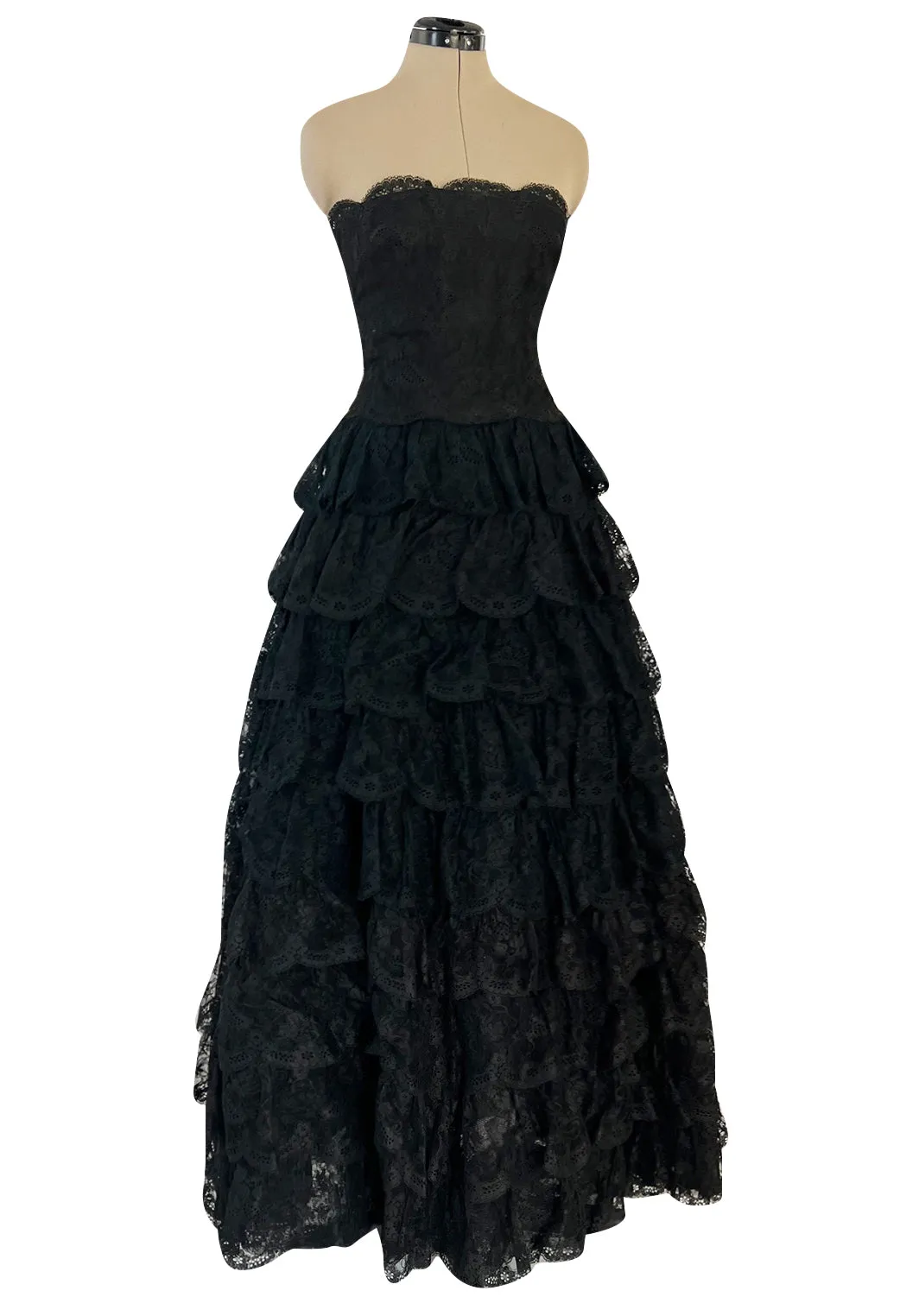 Magnificent 1980s Arnold Scaasi Couture Strapless Tiered Black French Lace Dress