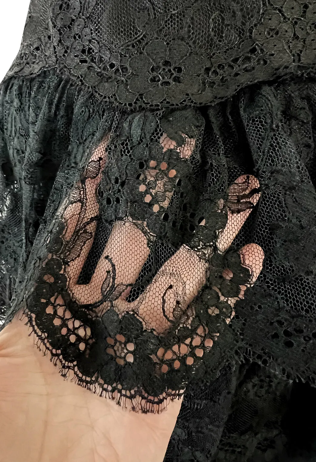 Magnificent 1980s Arnold Scaasi Couture Strapless Tiered Black French Lace Dress
