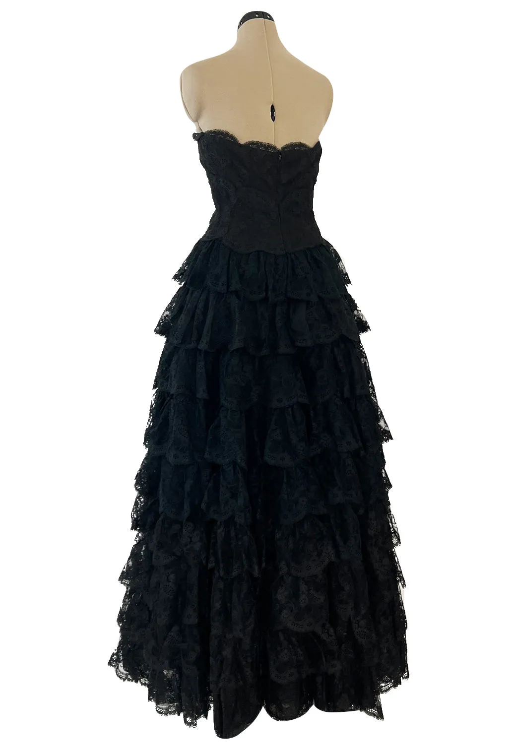 Magnificent 1980s Arnold Scaasi Couture Strapless Tiered Black French Lace Dress