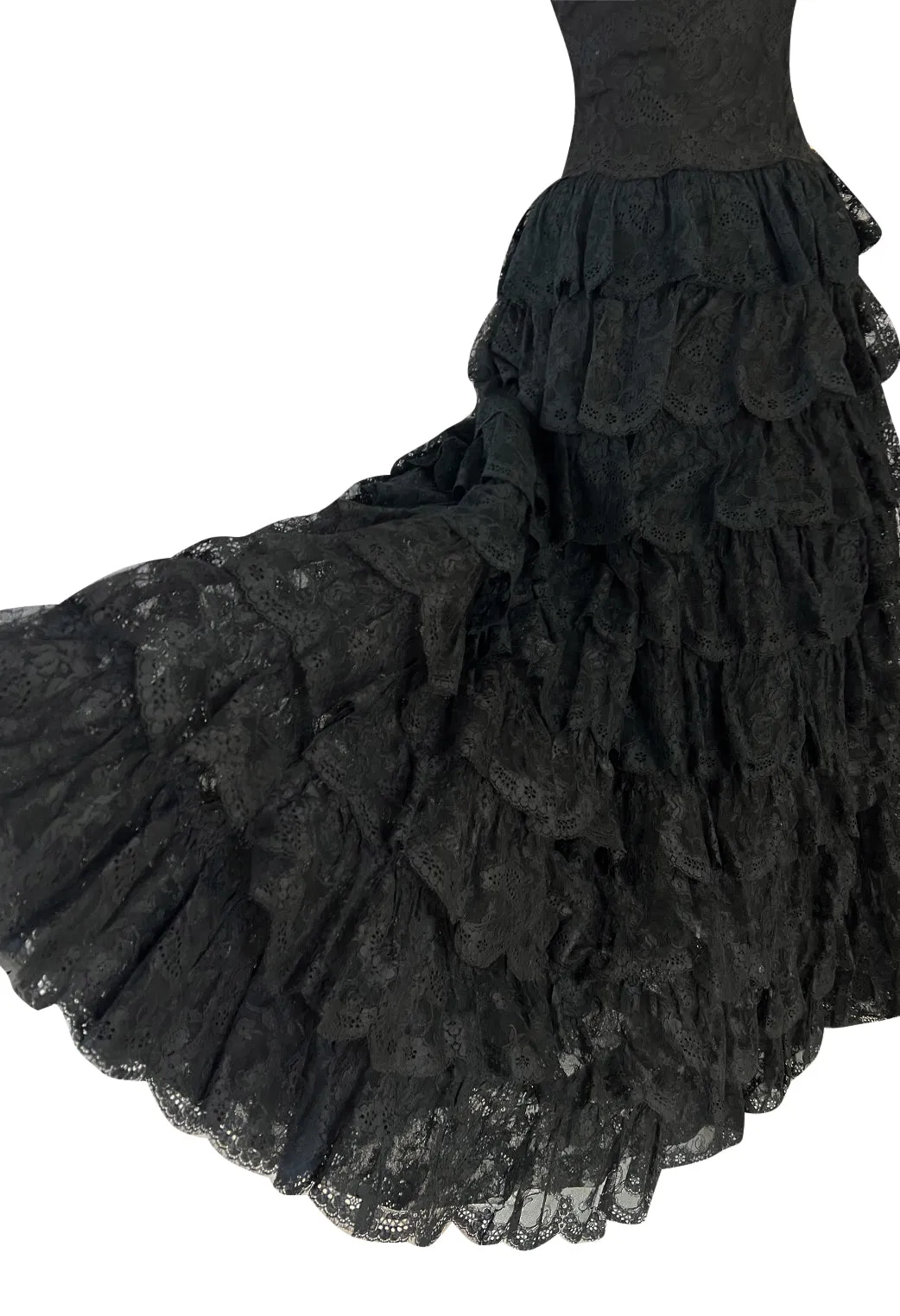 Magnificent 1980s Arnold Scaasi Couture Strapless Tiered Black French Lace Dress