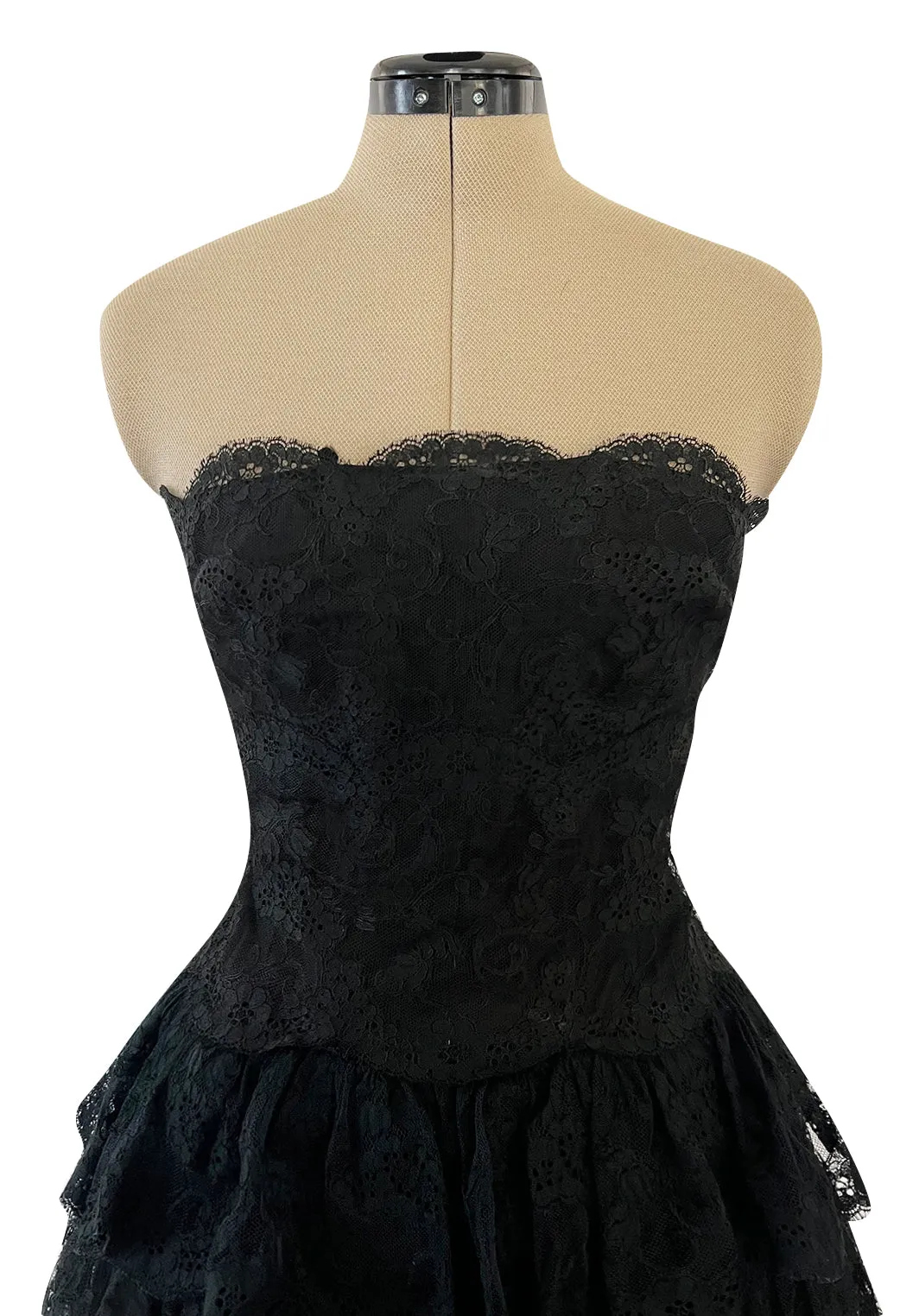 Magnificent 1980s Arnold Scaasi Couture Strapless Tiered Black French Lace Dress
