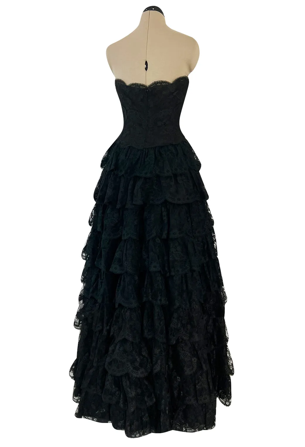 Magnificent 1980s Arnold Scaasi Couture Strapless Tiered Black French Lace Dress