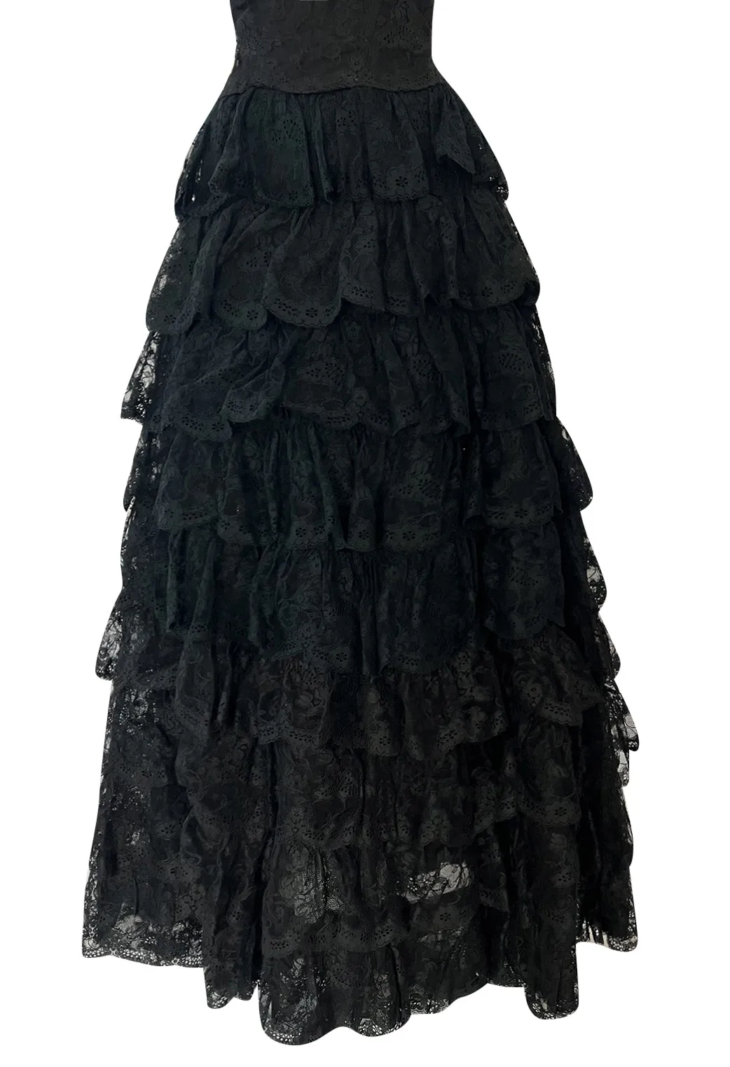 Magnificent 1980s Arnold Scaasi Couture Strapless Tiered Black French Lace Dress