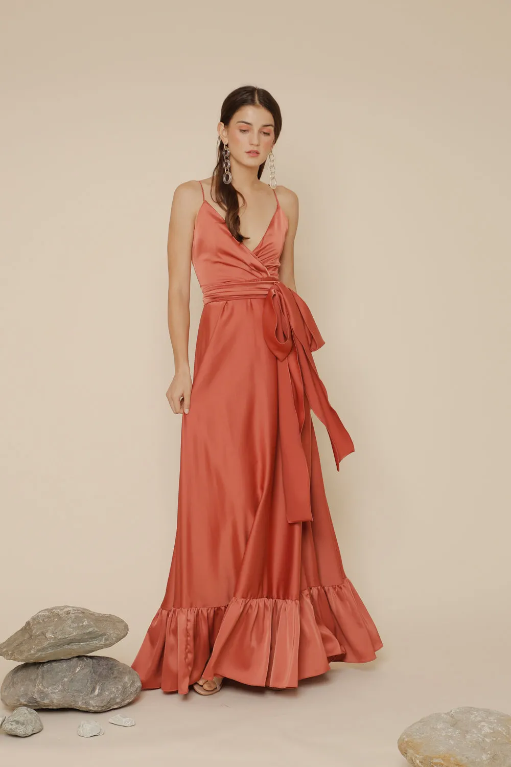 MARGARITA Deep V Maxi with High Slit Skirt and Ruffled Hem with Detachable Waist Tie (Rust Silk)