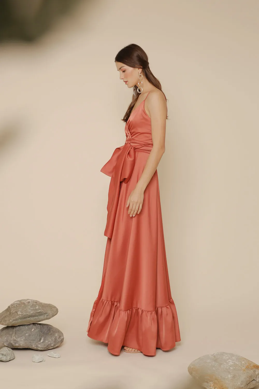 MARGARITA Deep V Maxi with High Slit Skirt and Ruffled Hem with Detachable Waist Tie (Rust Silk)