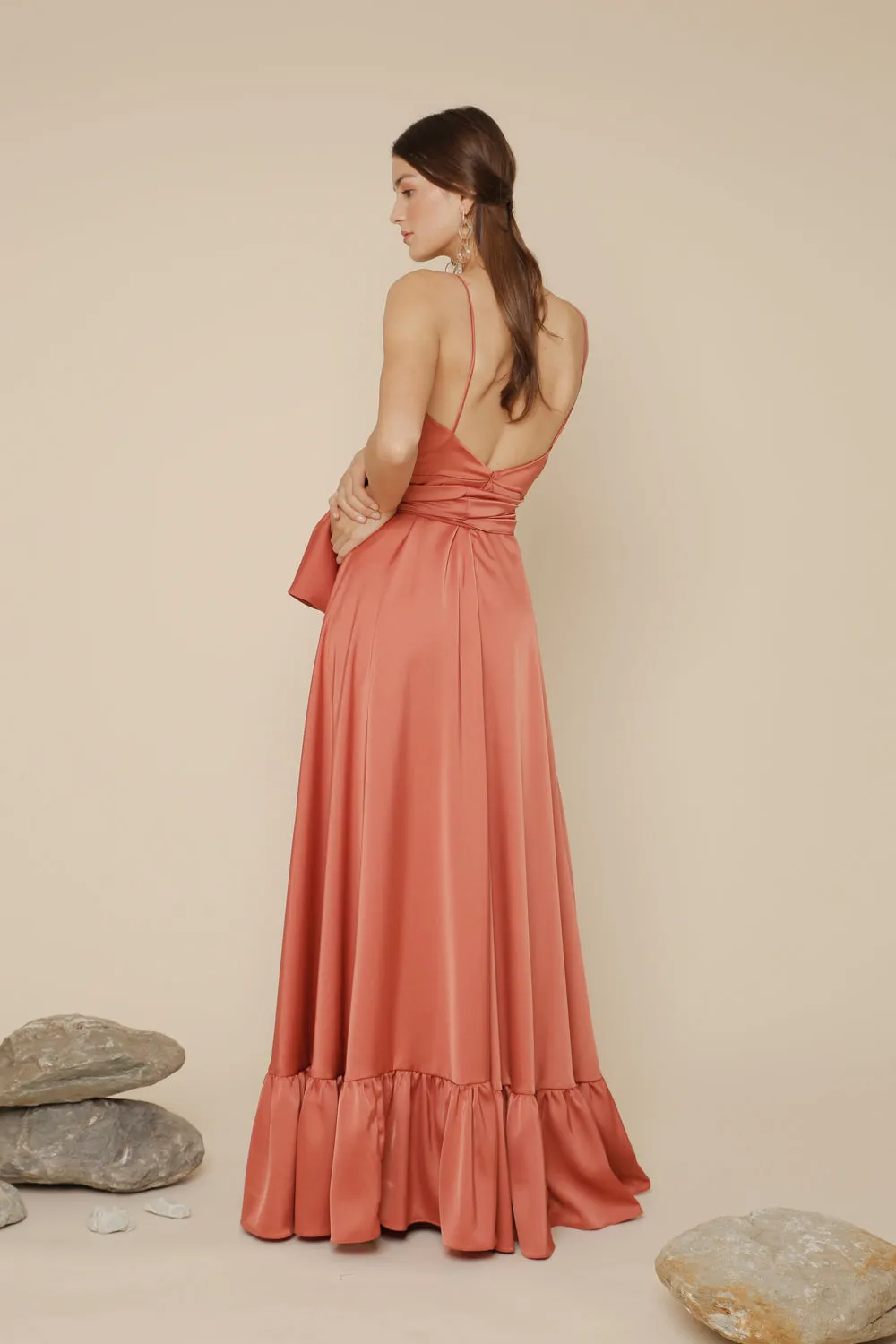 MARGARITA Deep V Maxi with High Slit Skirt and Ruffled Hem with Detachable Waist Tie (Rust Silk)