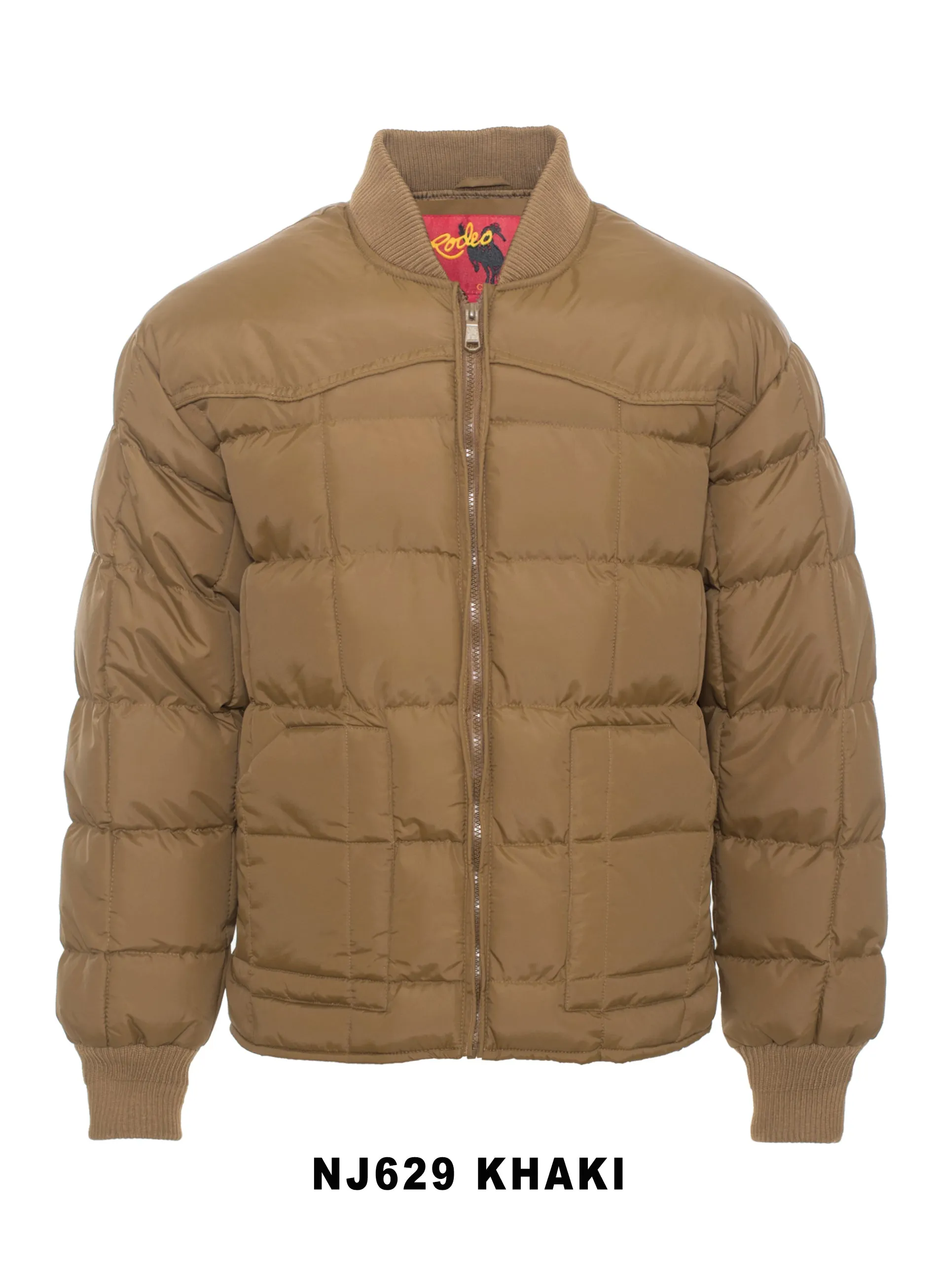 Men's Nylon Quilted Puffer Jacket with Embroidery-NJ629/EMB-Khaki