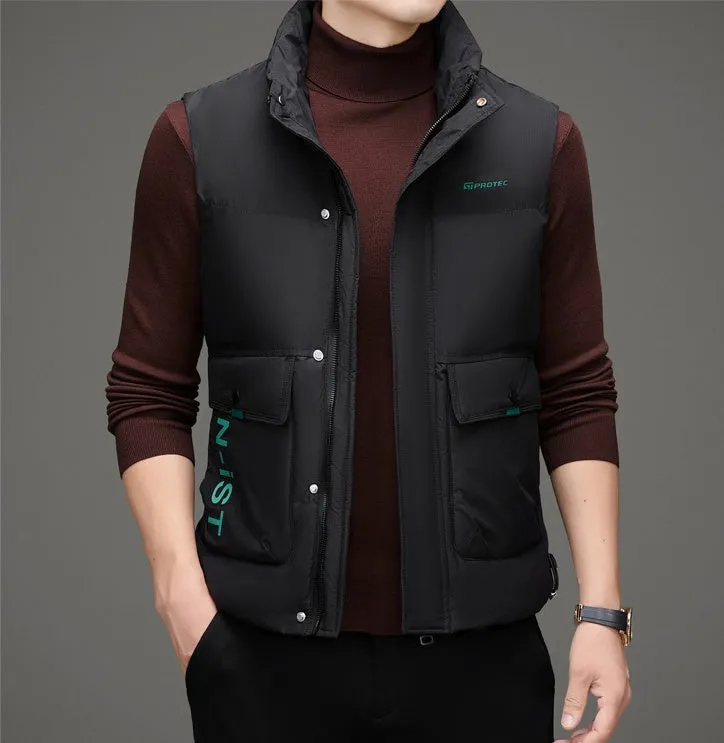 Men's Windproof Puffer Vest with Stand-Up Collar and Easy-to-Clean Material