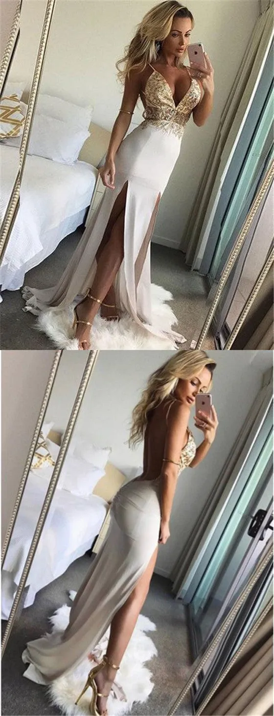 Mermaid Deep V-Neck Backless Floor-Length Prom Dresses with Beading Split, TYP1194