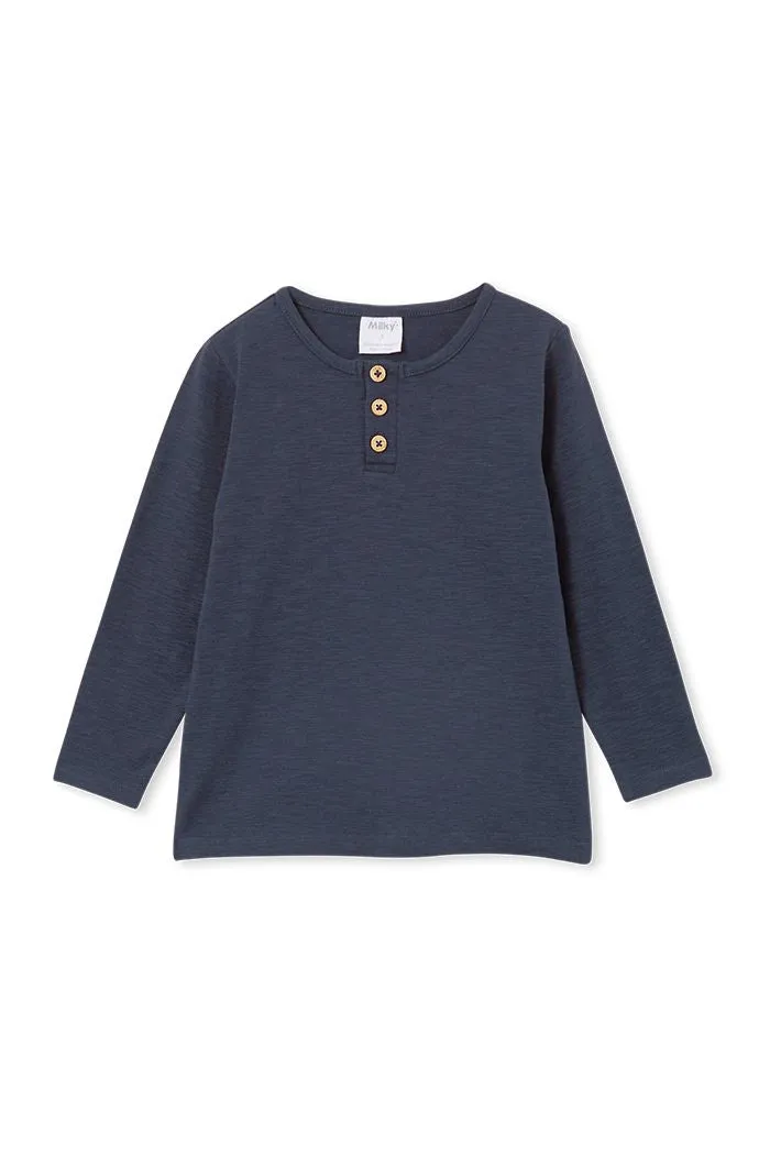 Milky | Oil Blue Henley Long Sleeve Tee | Size 2-7