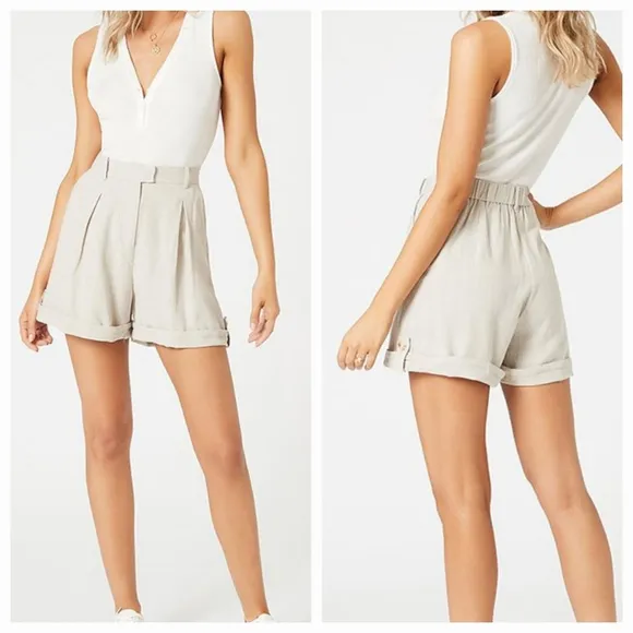 MINKPINK Linen &amp; Cotton High-Rise Biege City Shorts