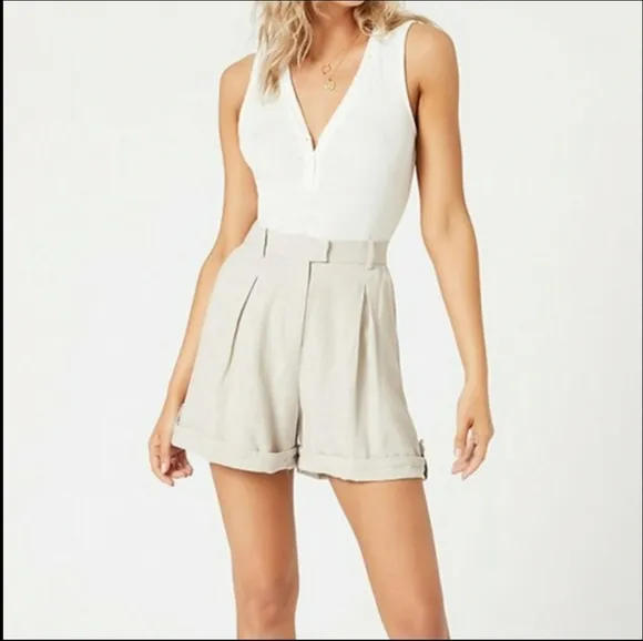MINKPINK Linen &amp; Cotton High-Rise Biege City Shorts