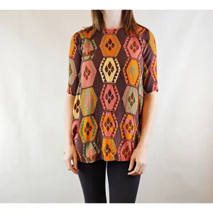 Mister Zimi brown tee shirt with orange, green and beige print size 6