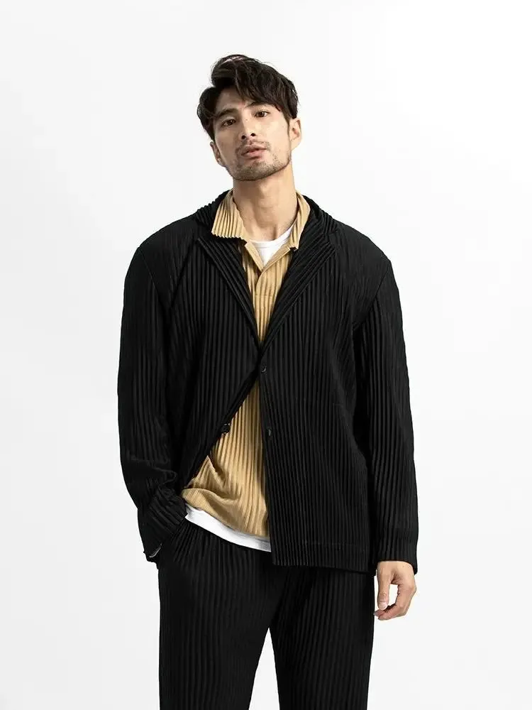 Miyake Pleated Jacket Men Blazer Black Suits For Men Stretch Fabric Slim Fit Coat High Quality Casual Japanese Style Blazers