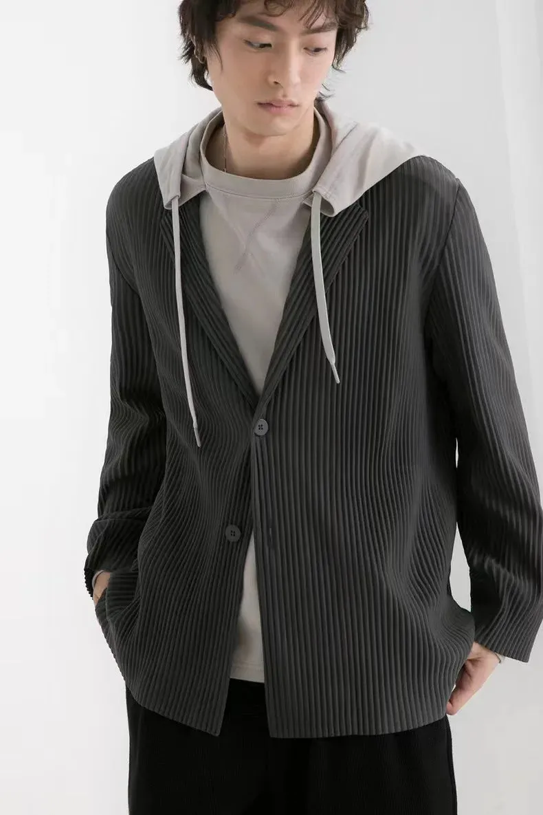 Miyake Pleated Jacket Men Blazer Black Suits For Men Stretch Fabric Slim Fit Coat High Quality Casual Japanese Style Blazers