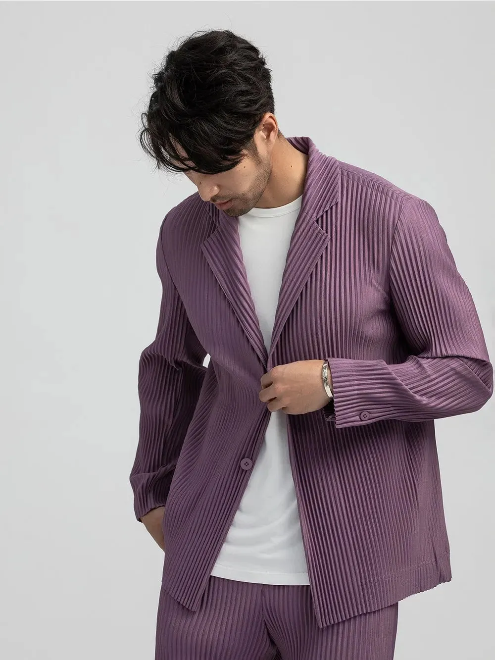 Miyake Pleated Jacket Men Blazer Black Suits For Men Stretch Fabric Slim Fit Coat High Quality Casual Japanese Style Blazers