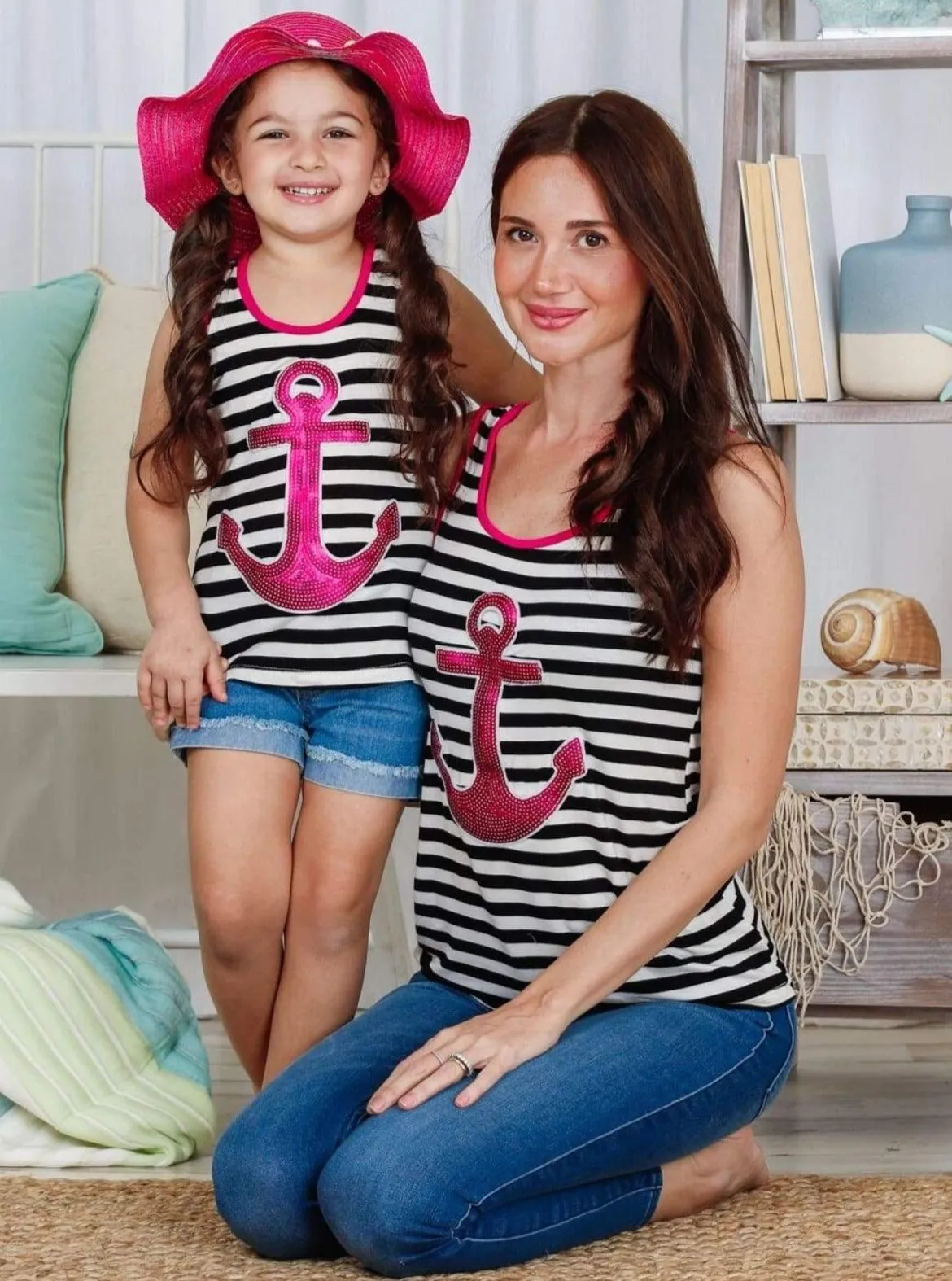 Mommy and Me Striped Sequin Anchor Tank Top