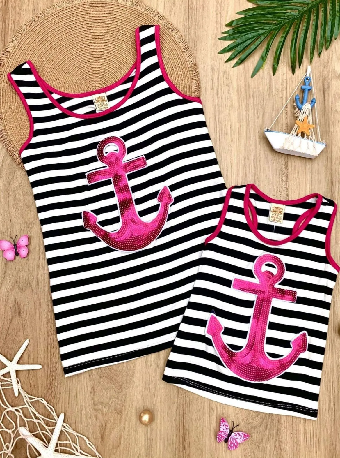 Mommy and Me Striped Sequin Anchor Tank Top