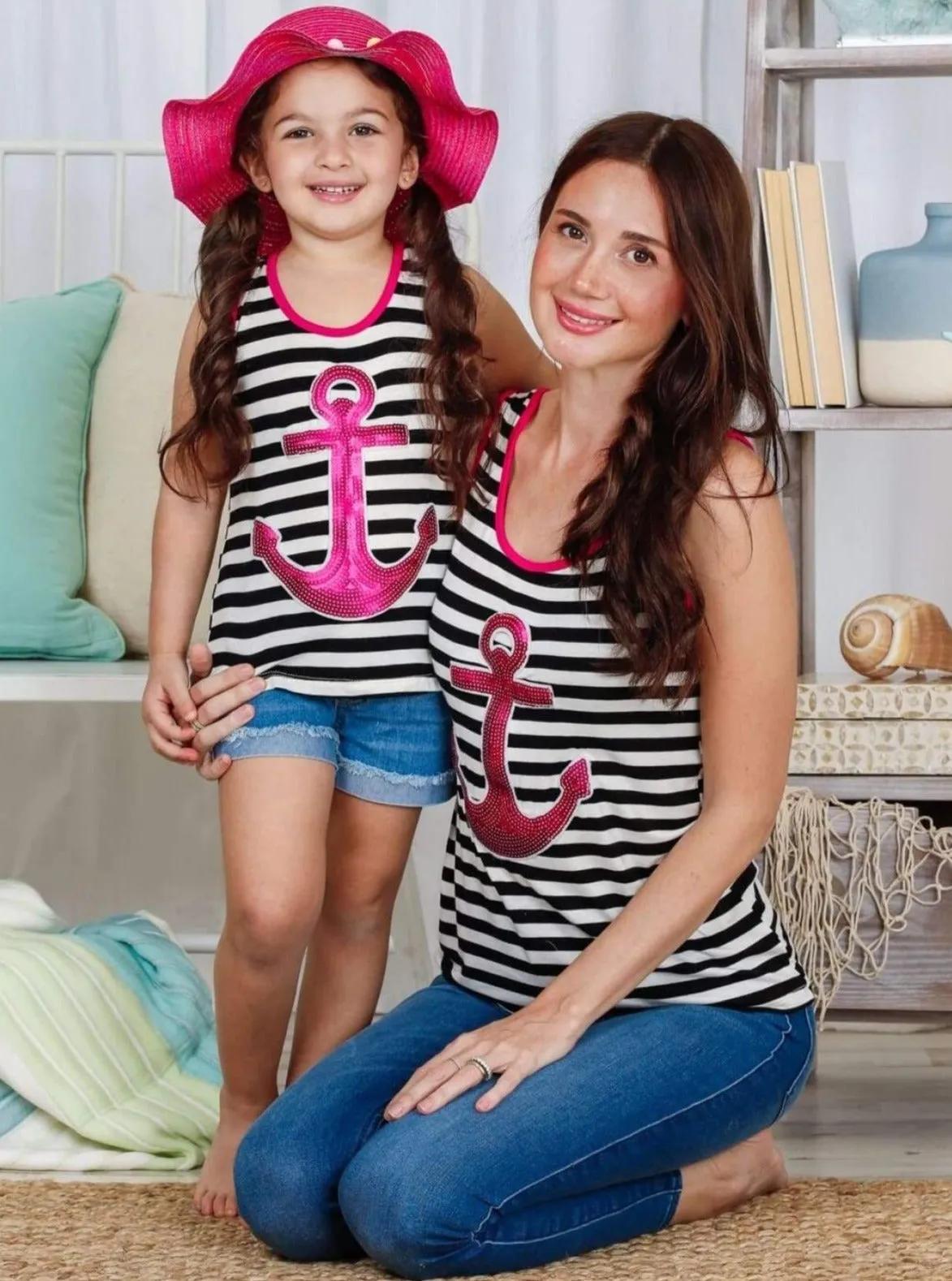 Mommy and Me Striped Sequin Anchor Tank Top