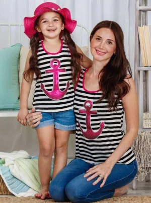 Mommy and Me Striped Sequin Anchor Tank Top