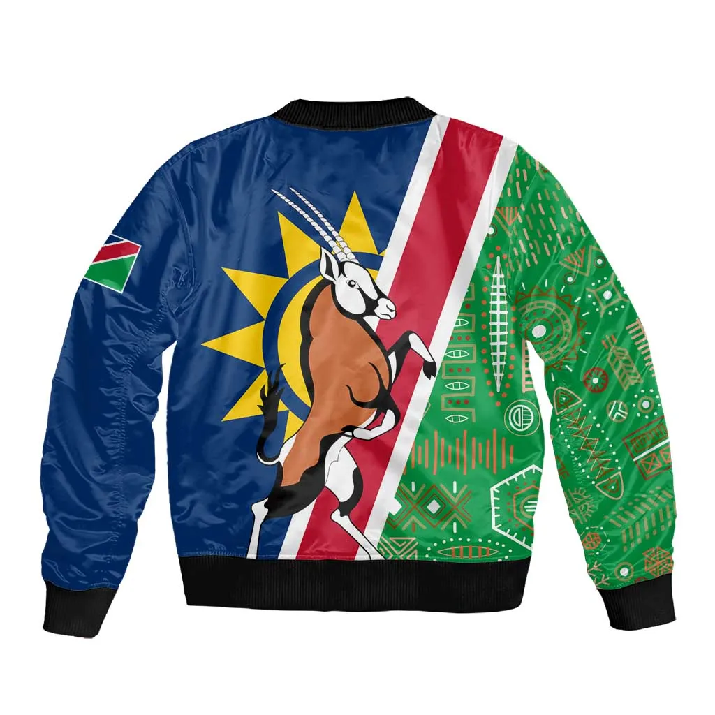 Namibia Gemsbok Sleeve Zip Bomber Jacket Flag Design with African Patterns TS04