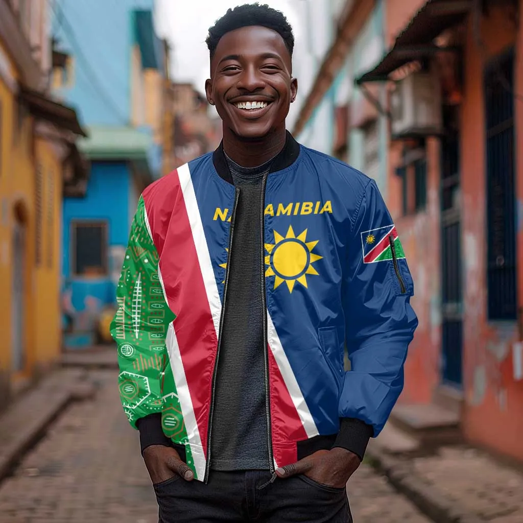Namibia Gemsbok Sleeve Zip Bomber Jacket Flag Design with African Patterns TS04