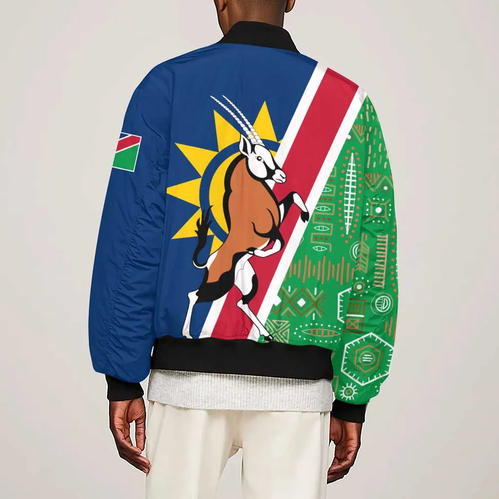 Namibia Gemsbok Sleeve Zip Bomber Jacket Flag Design with African Patterns TS04