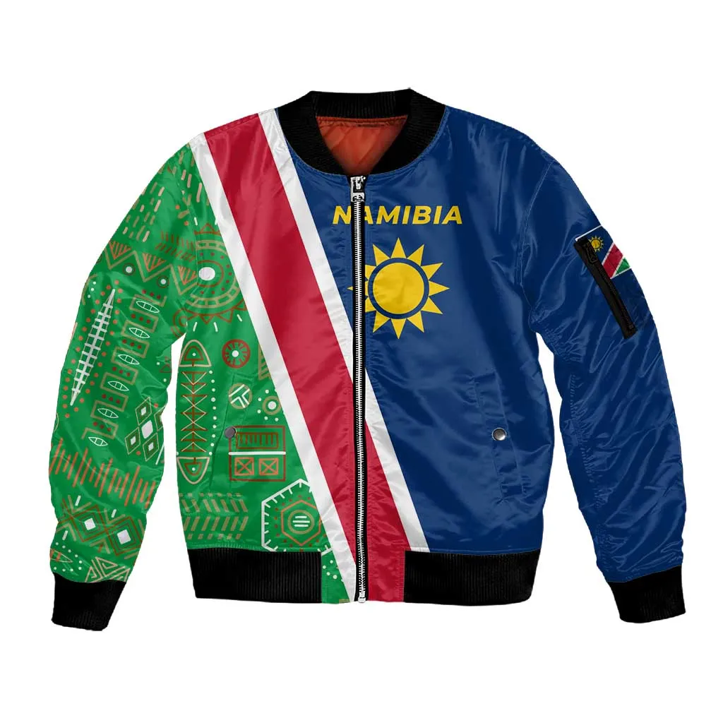 Namibia Gemsbok Sleeve Zip Bomber Jacket Flag Design with African Patterns TS04