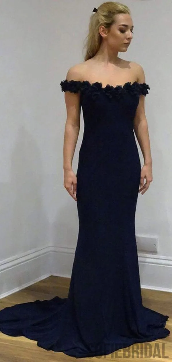 Navy Off Shoulder Floral Mermaid Long Prom Dresses, PD0812