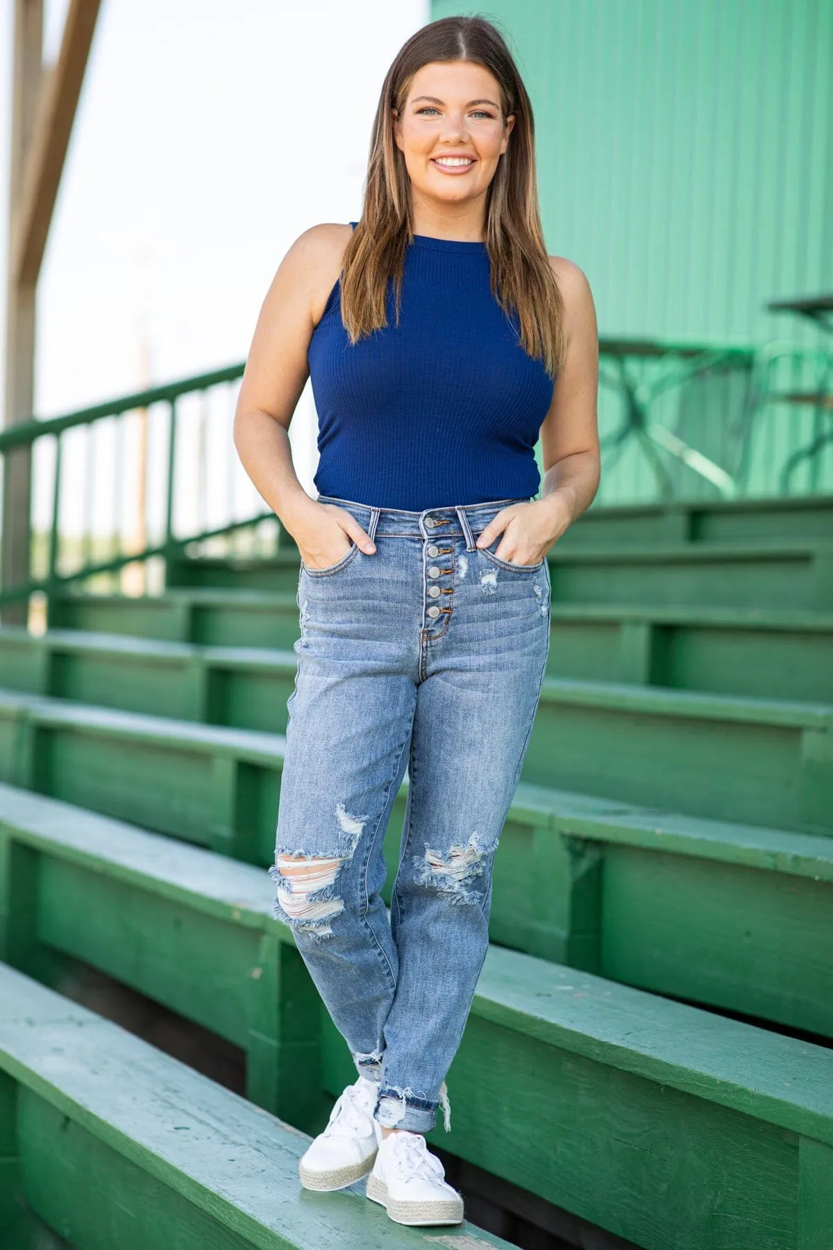 Navy Ribbed Fitted Tank