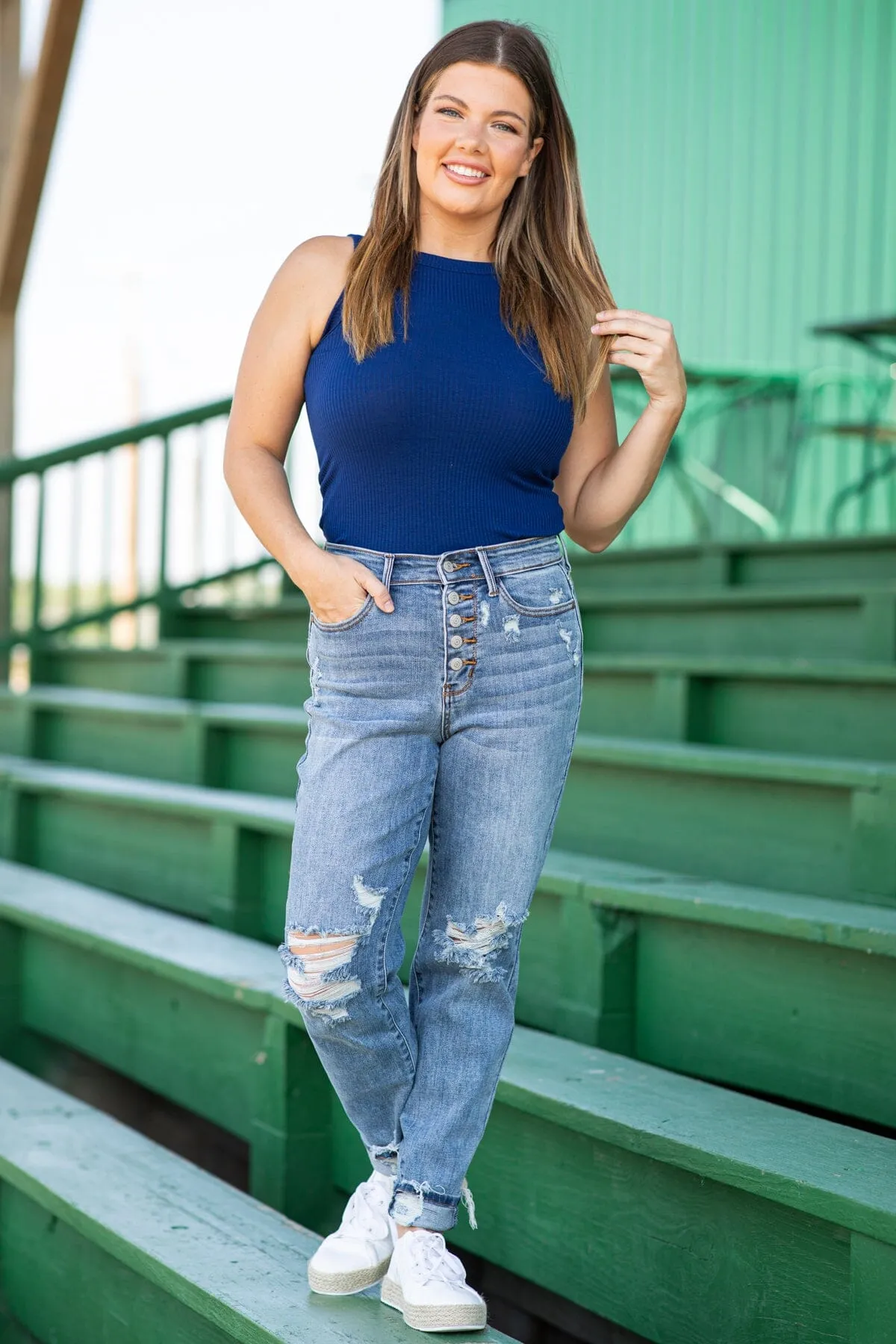 Navy Ribbed Fitted Tank