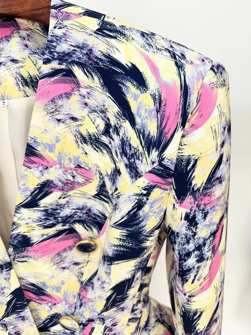 New Arrived Women Stylish Feather Printed Collarless Blazer Jackets