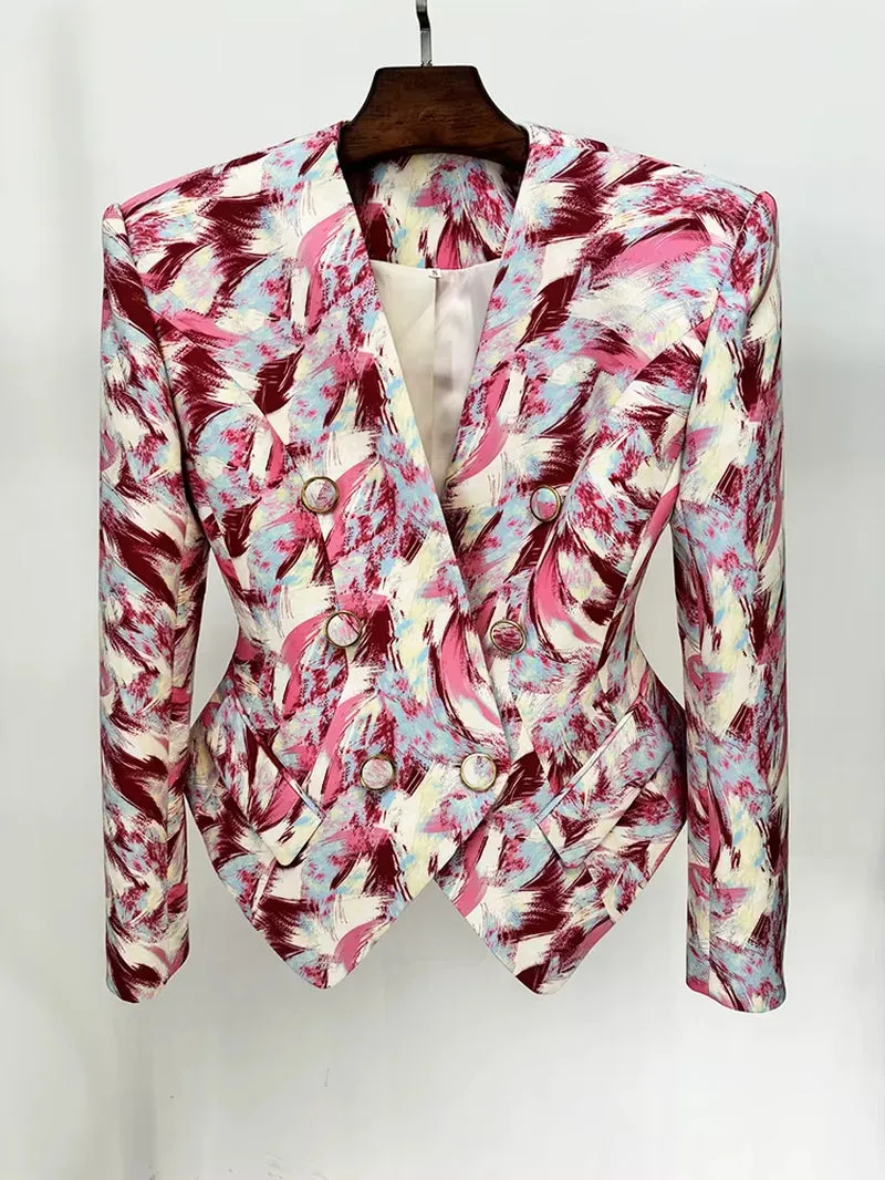New Arrived Women Stylish Feather Printed Collarless Blazer Jackets