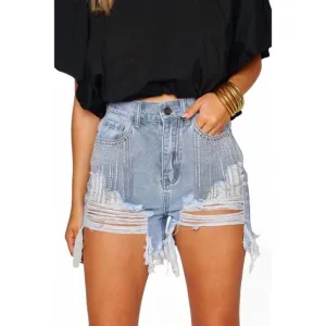 NEW BUDDYLOVE elvis crystal fringe denim shorts in light wash
