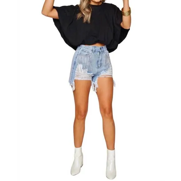 NEW BUDDYLOVE elvis crystal fringe denim shorts in light wash