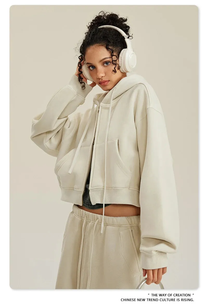 Obsidian Phoenix Luxury 355gsm Short Zipper Fleece Hoodie - Women's Retro Loose-Fit Thick Hooded Zip-Up Coat
