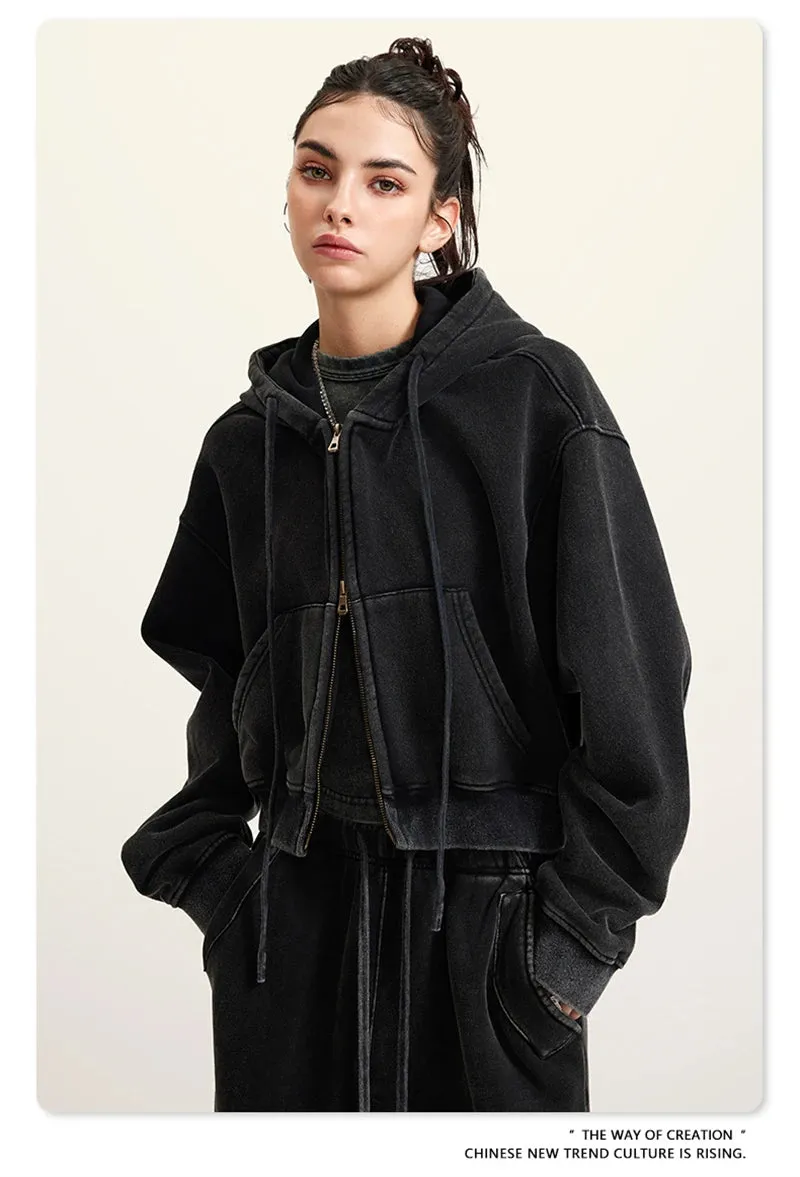 Obsidian Phoenix Luxury 355gsm Short Zipper Fleece Hoodie - Women's Retro Loose-Fit Thick Hooded Zip-Up Coat
