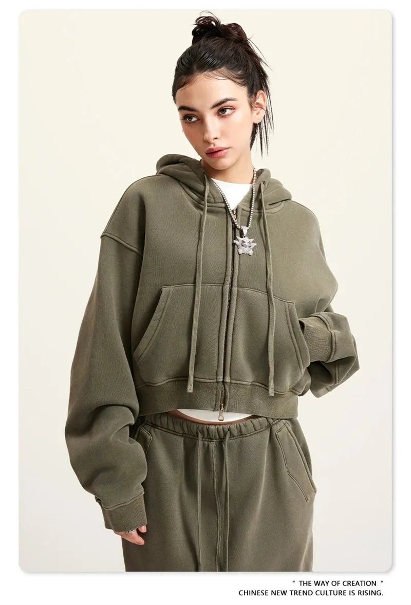 Obsidian Phoenix Luxury 355gsm Short Zipper Fleece Hoodie - Women's Retro Loose-Fit Thick Hooded Zip-Up Coat