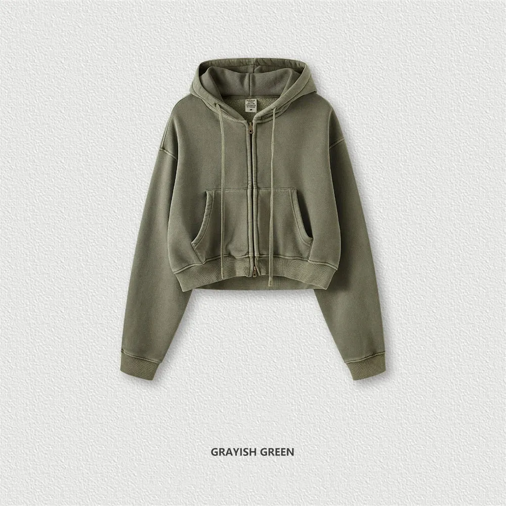 Obsidian Phoenix Luxury 355gsm Short Zipper Fleece Hoodie - Women's Retro Loose-Fit Thick Hooded Zip-Up Coat