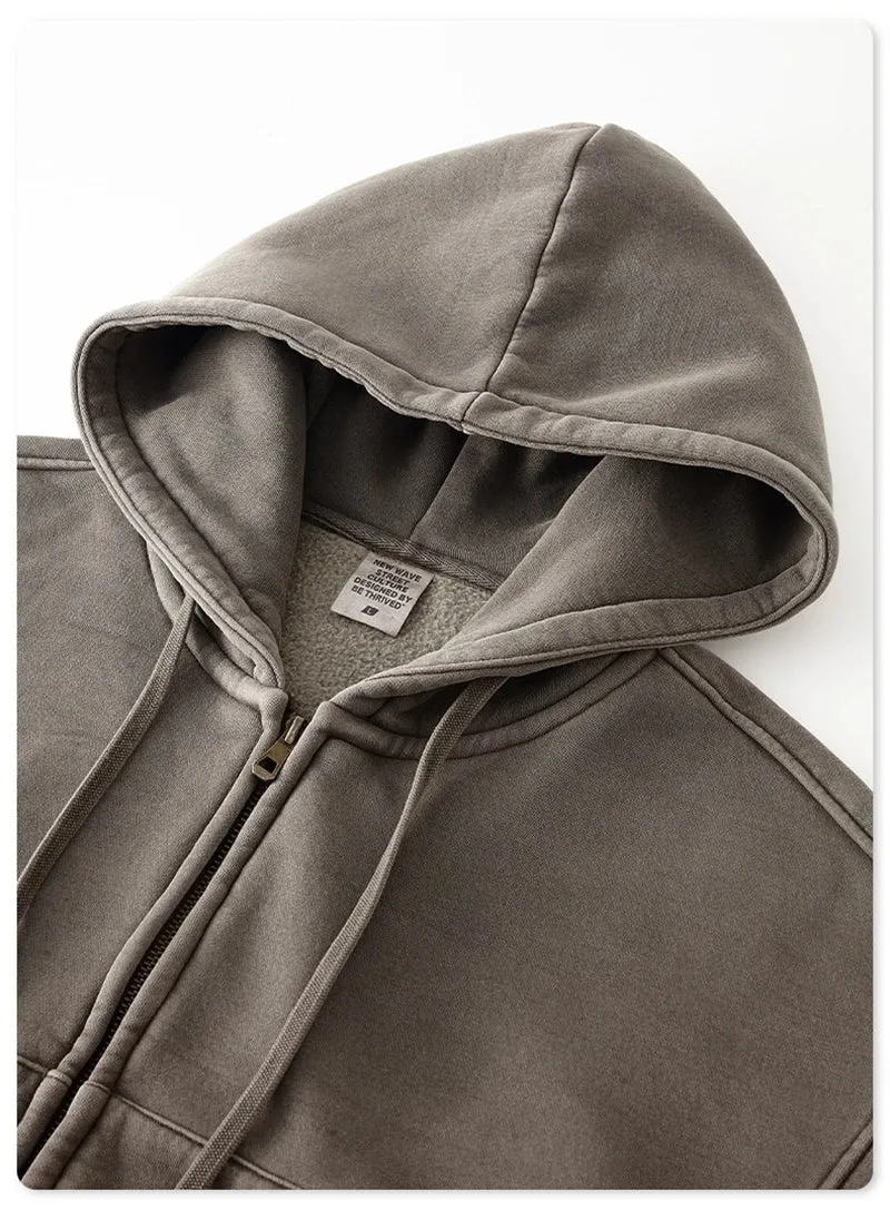 Obsidian Phoenix Luxury 355gsm Short Zipper Fleece Hoodie - Women's Retro Loose-Fit Thick Hooded Zip-Up Coat