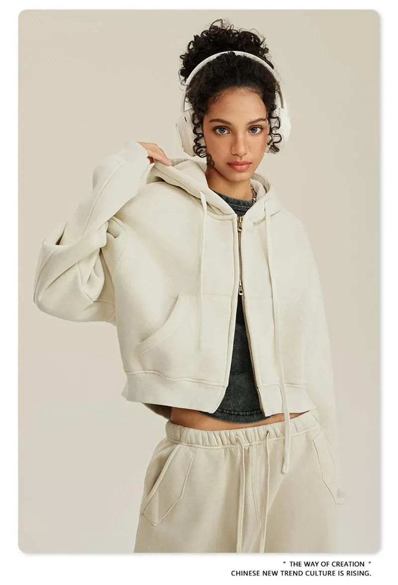 Obsidian Phoenix Luxury 355gsm Short Zipper Fleece Hoodie - Women's Retro Loose-Fit Thick Hooded Zip-Up Coat