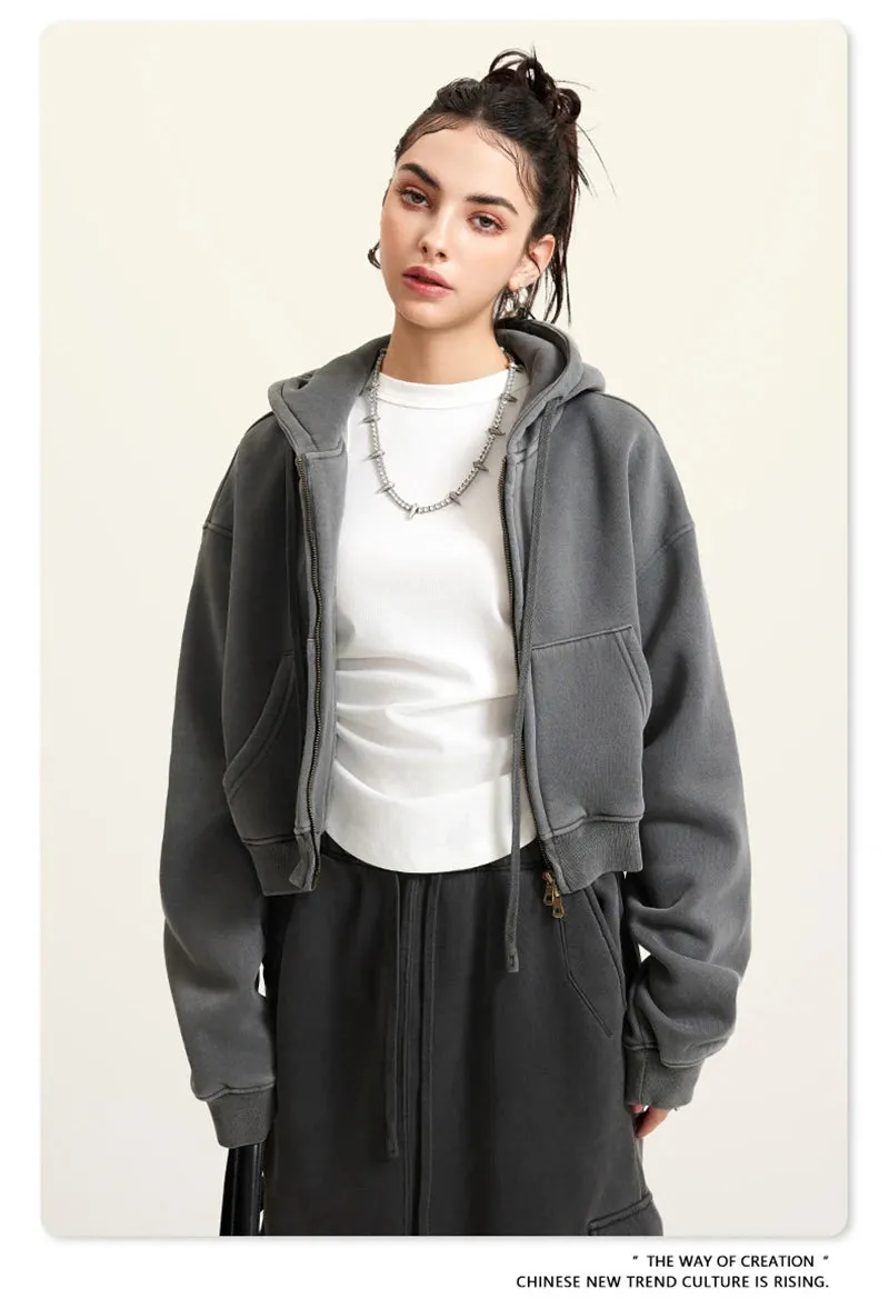 Obsidian Phoenix Luxury 355gsm Short Zipper Fleece Hoodie - Women's Retro Loose-Fit Thick Hooded Zip-Up Coat