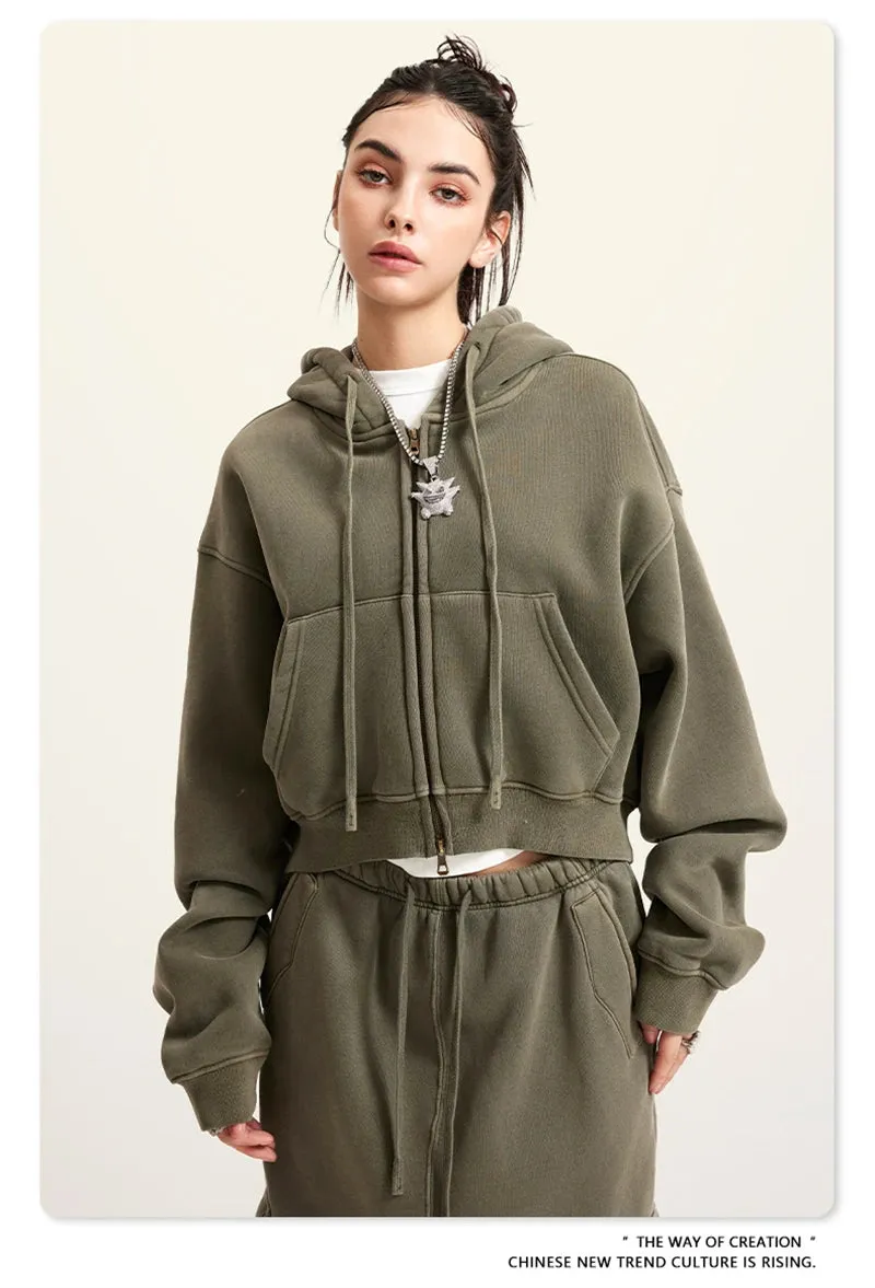 Obsidian Phoenix Luxury 355gsm Short Zipper Fleece Hoodie - Women's Retro Loose-Fit Thick Hooded Zip-Up Coat
