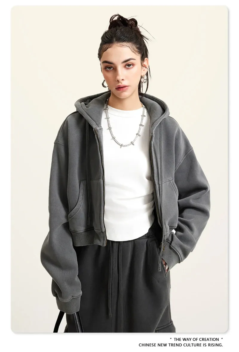 Obsidian Phoenix Luxury 355gsm Short Zipper Fleece Hoodie - Women's Retro Loose-Fit Thick Hooded Zip-Up Coat