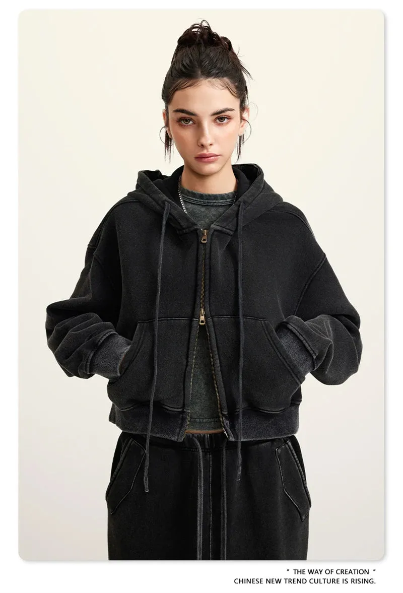 Obsidian Phoenix Luxury 355gsm Short Zipper Fleece Hoodie - Women's Retro Loose-Fit Thick Hooded Zip-Up Coat