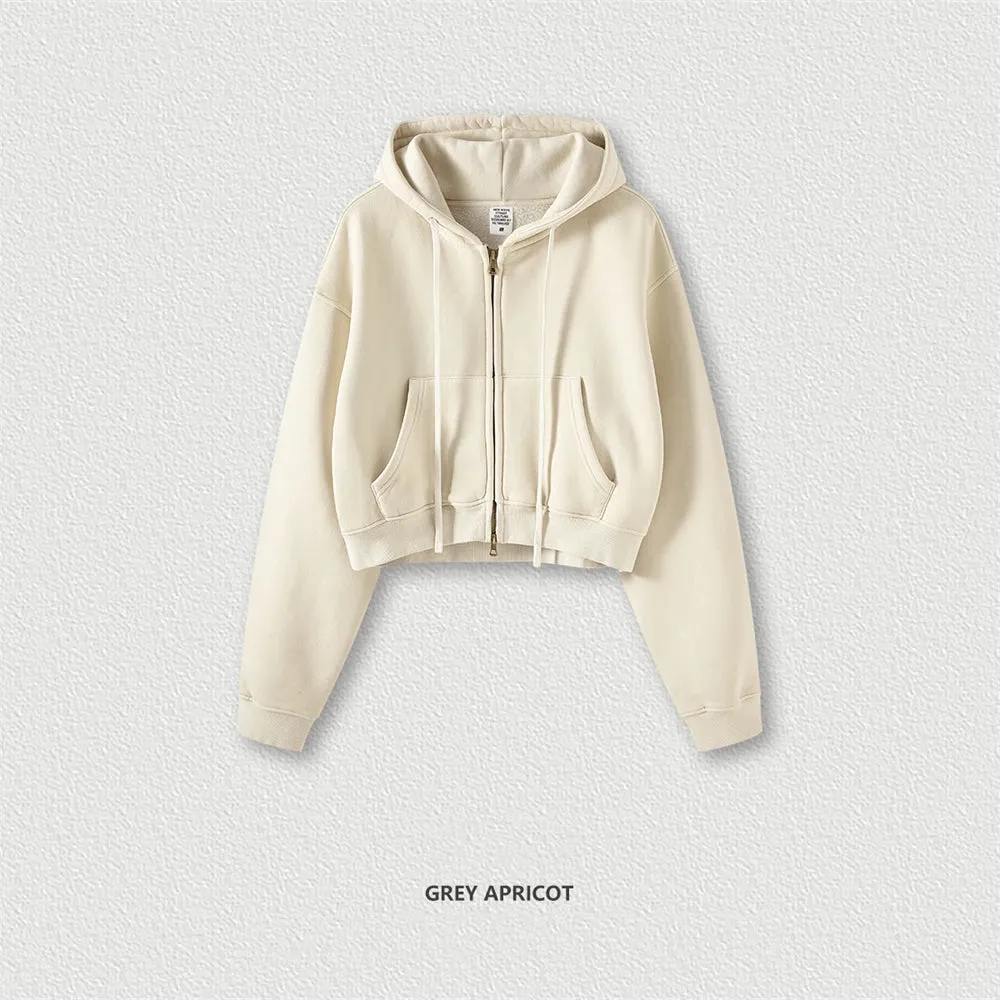 Obsidian Phoenix Luxury 355gsm Short Zipper Fleece Hoodie - Women's Retro Loose-Fit Thick Hooded Zip-Up Coat