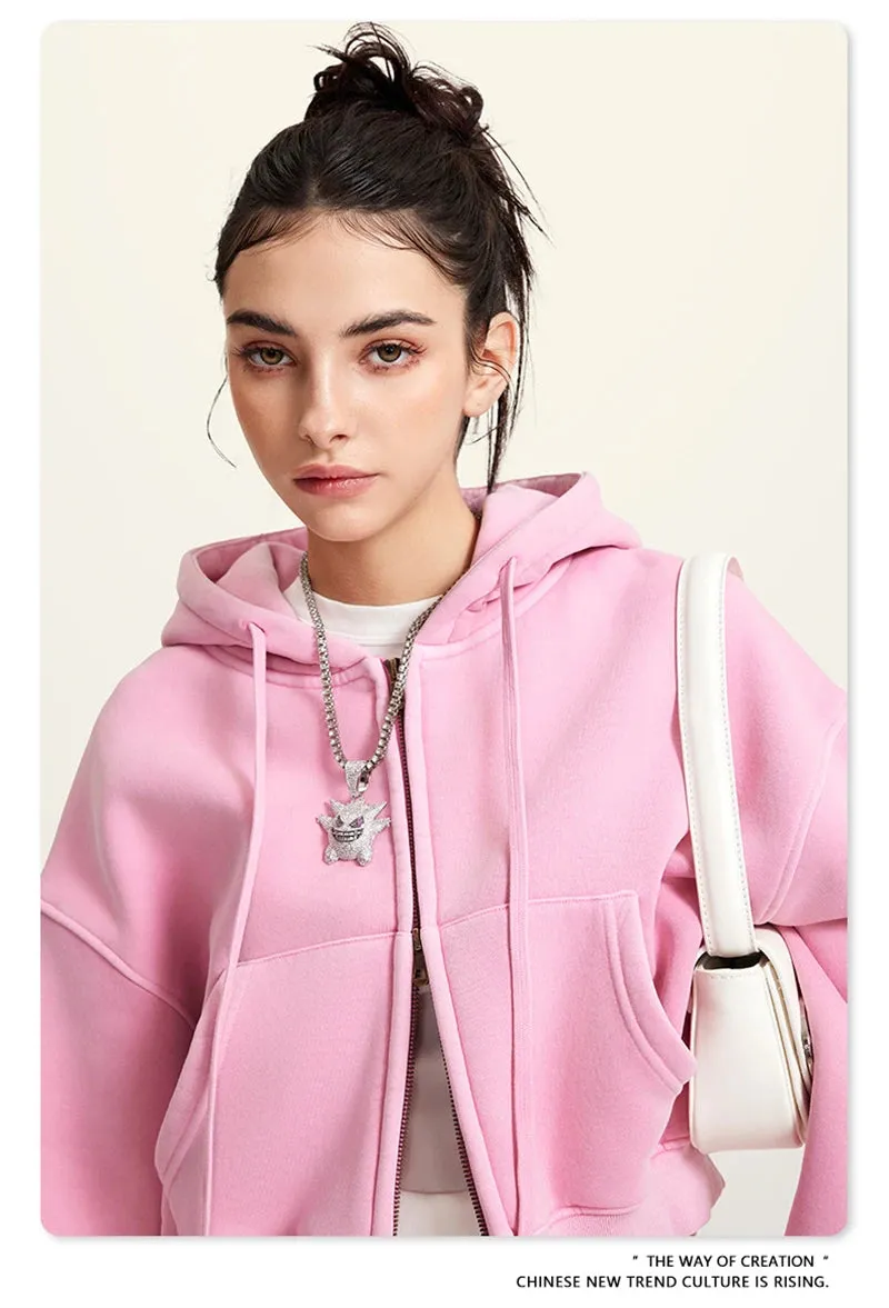 Obsidian Phoenix Luxury 355gsm Short Zipper Fleece Hoodie - Women's Retro Loose-Fit Thick Hooded Zip-Up Coat