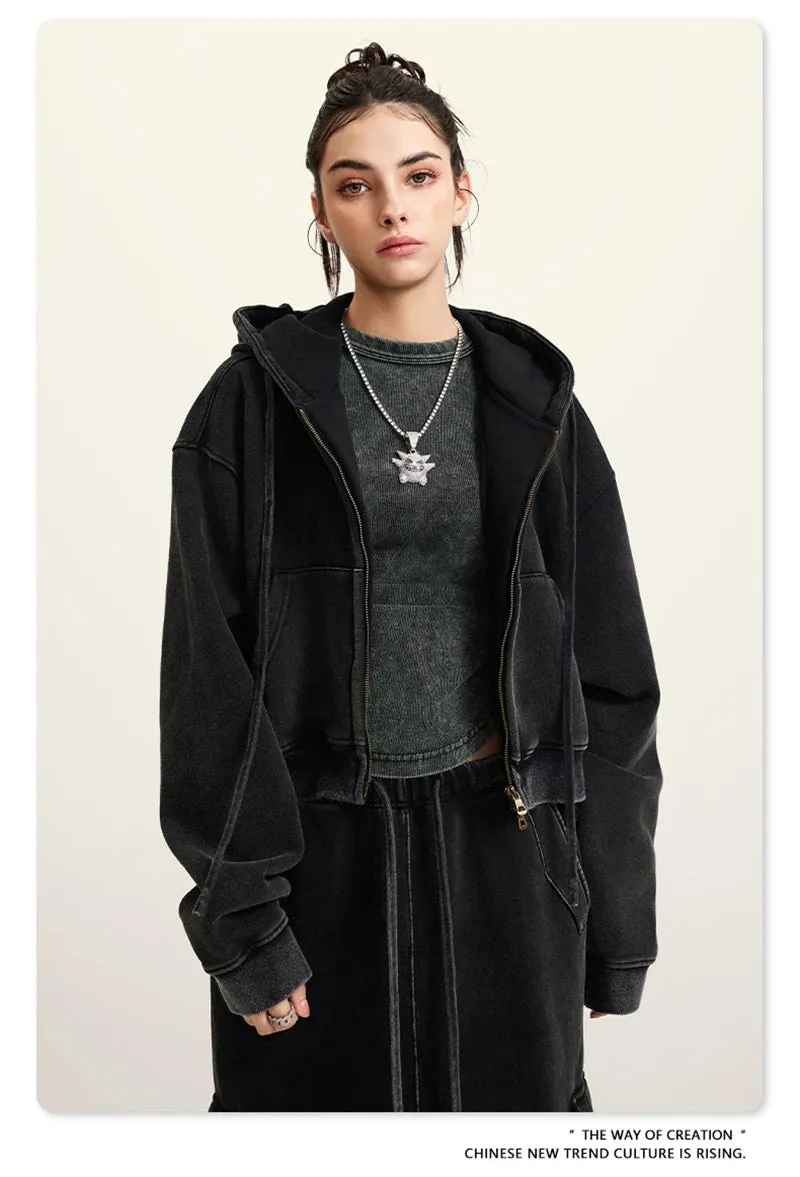 Obsidian Phoenix Luxury 355gsm Short Zipper Fleece Hoodie - Women's Retro Loose-Fit Thick Hooded Zip-Up Coat