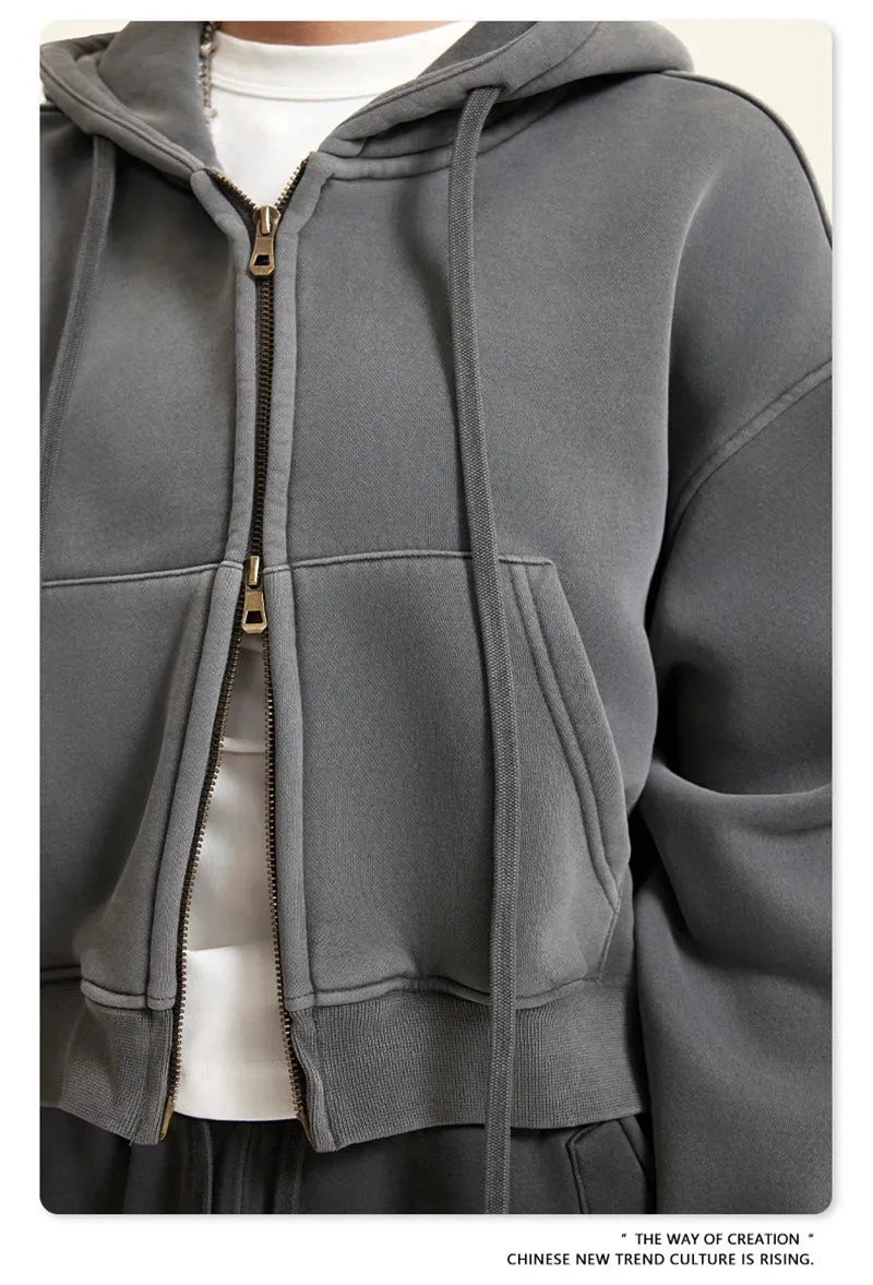 Obsidian Phoenix Luxury 355gsm Short Zipper Fleece Hoodie - Women's Retro Loose-Fit Thick Hooded Zip-Up Coat