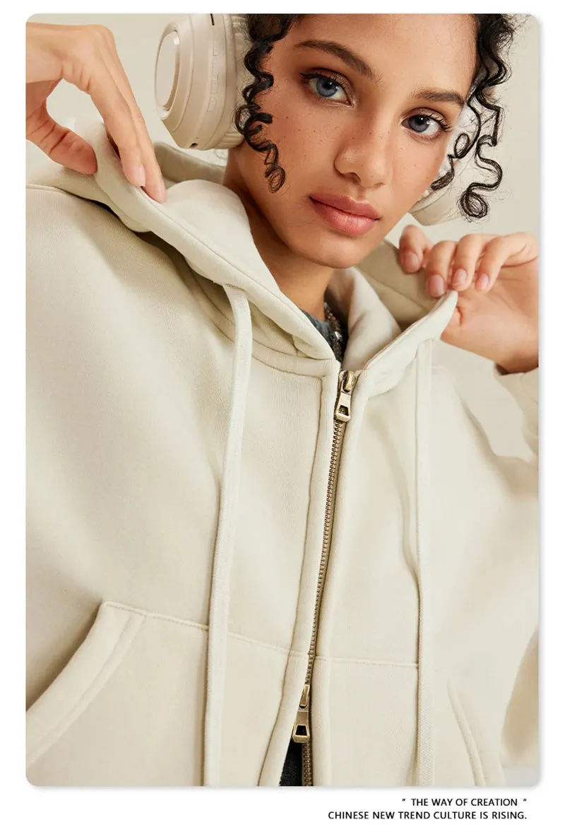 Obsidian Phoenix Luxury 355gsm Short Zipper Fleece Hoodie - Women's Retro Loose-Fit Thick Hooded Zip-Up Coat